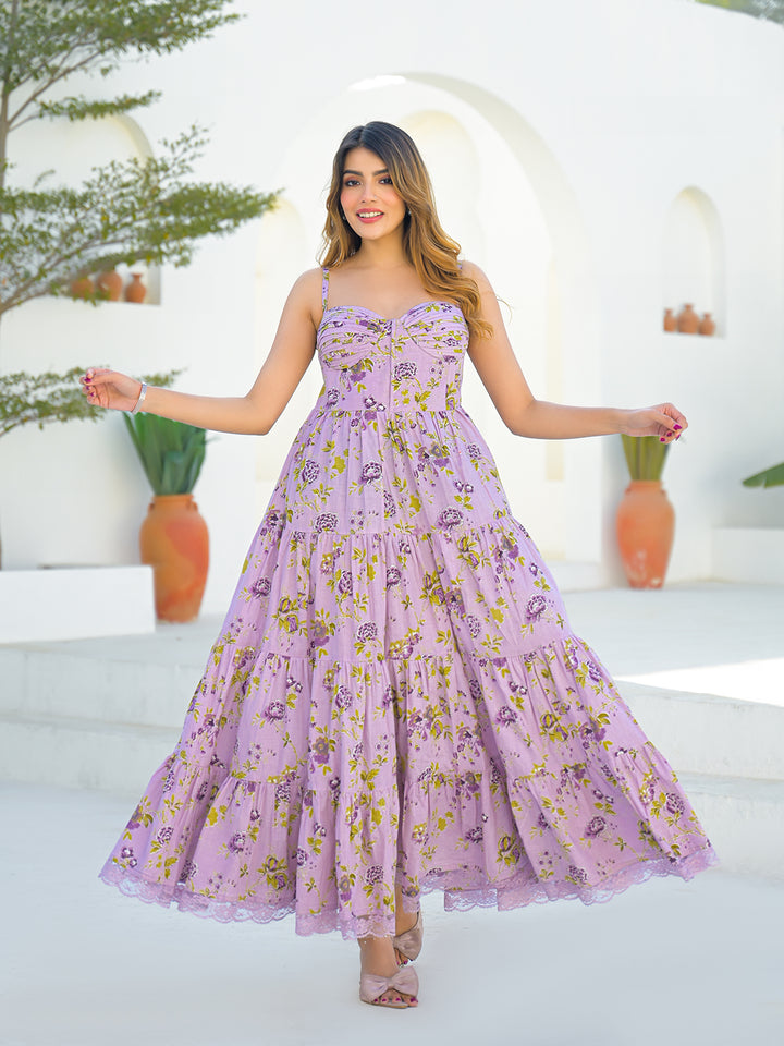 Divena Light Purple Cotton Floral Print Sleeveless Long Dress