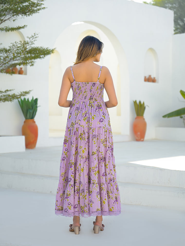 Divena Light Purple Cotton Floral Print Sleeveless Long Dress