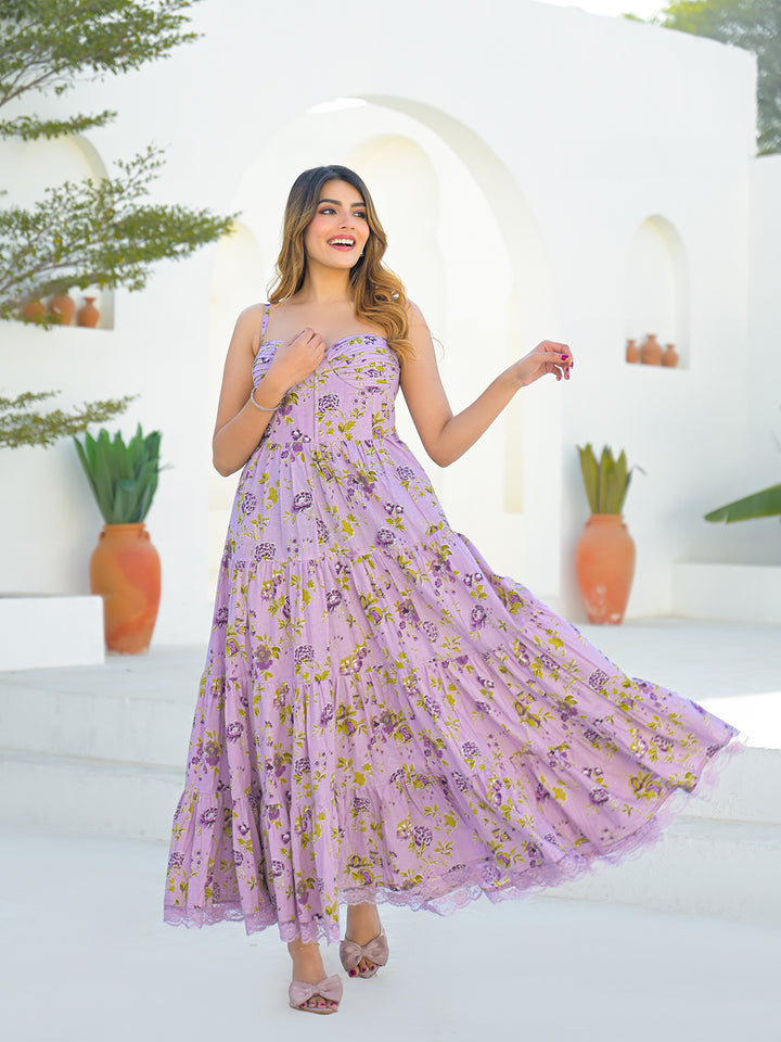 Divena Light Purple Cotton Floral Print Sleeveless Long Dress