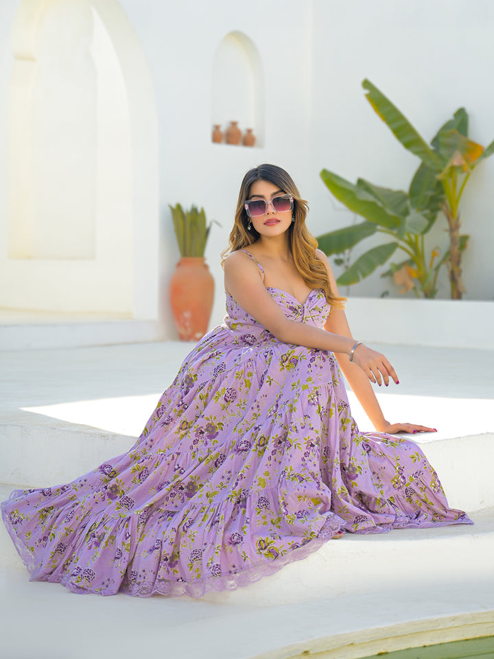 Divena Light Purple Cotton Floral Print Sleeveless Long Dress