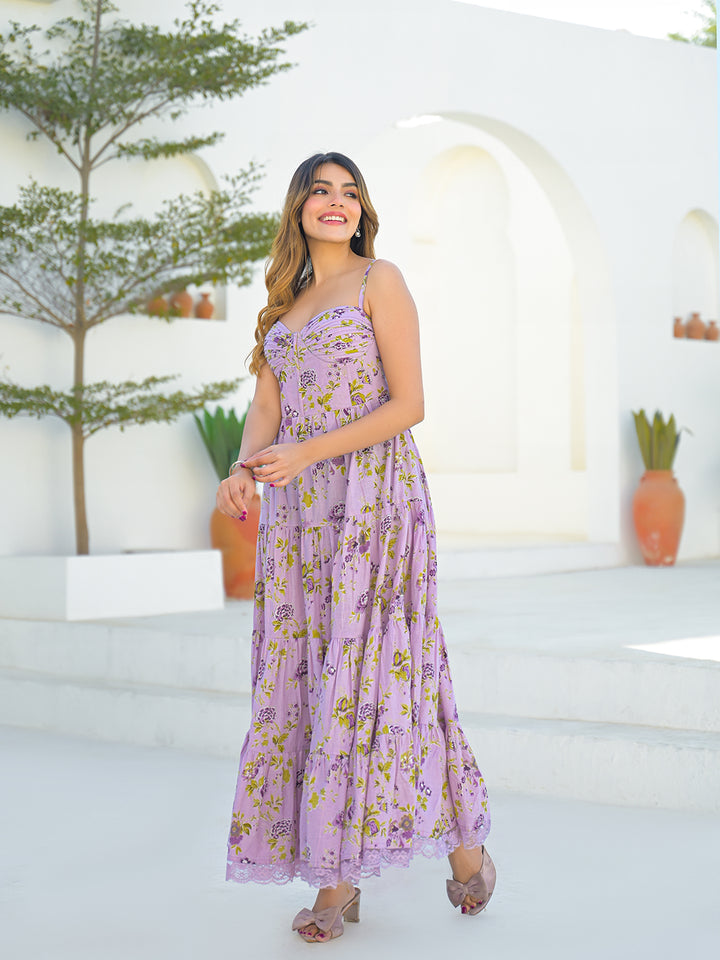 Divena Light Purple Cotton Floral Print Sleeveless Long Dress