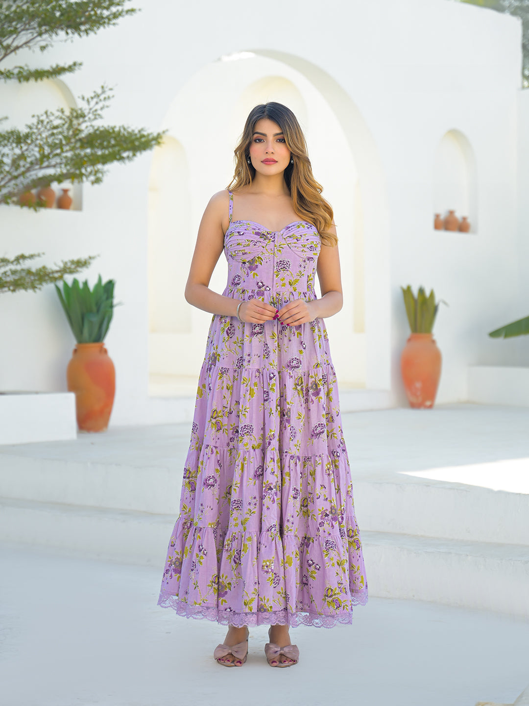Divena Light Purple Cotton Floral Print Sleeveless Long Dress