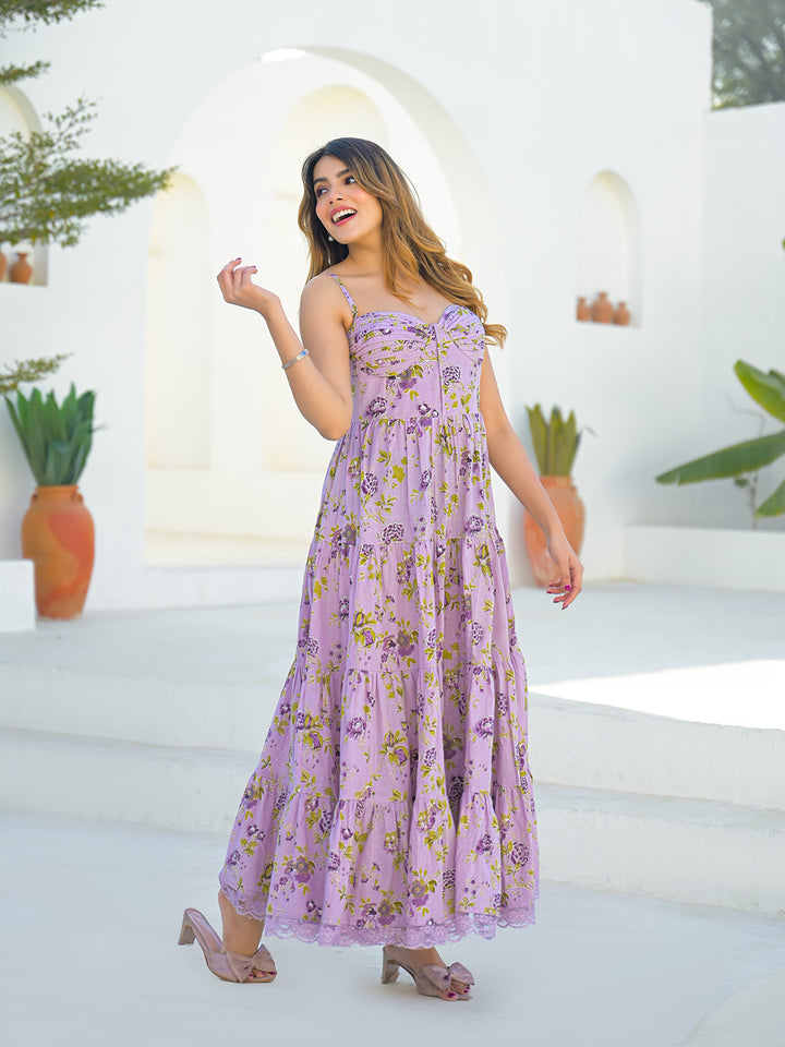 Divena Light Purple Cotton Floral Print Sleeveless Long Dress