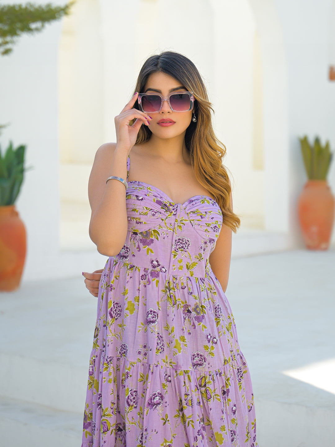 Divena Light Purple Cotton Floral Print Sleeveless Long Dress