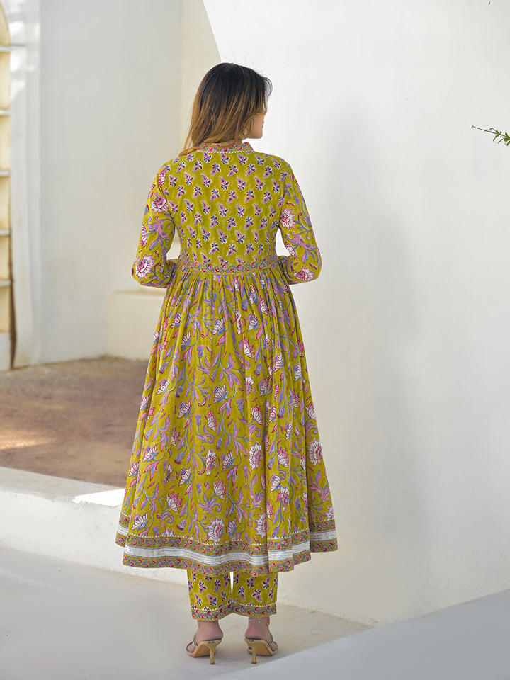 Divena Mustard Hand Block Cotton Anarkali Kurta Pant Set With Dupatta