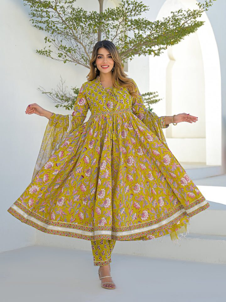 Divena Mustard Hand Block Cotton Anarkali Kurta Pant Set With Dupatta