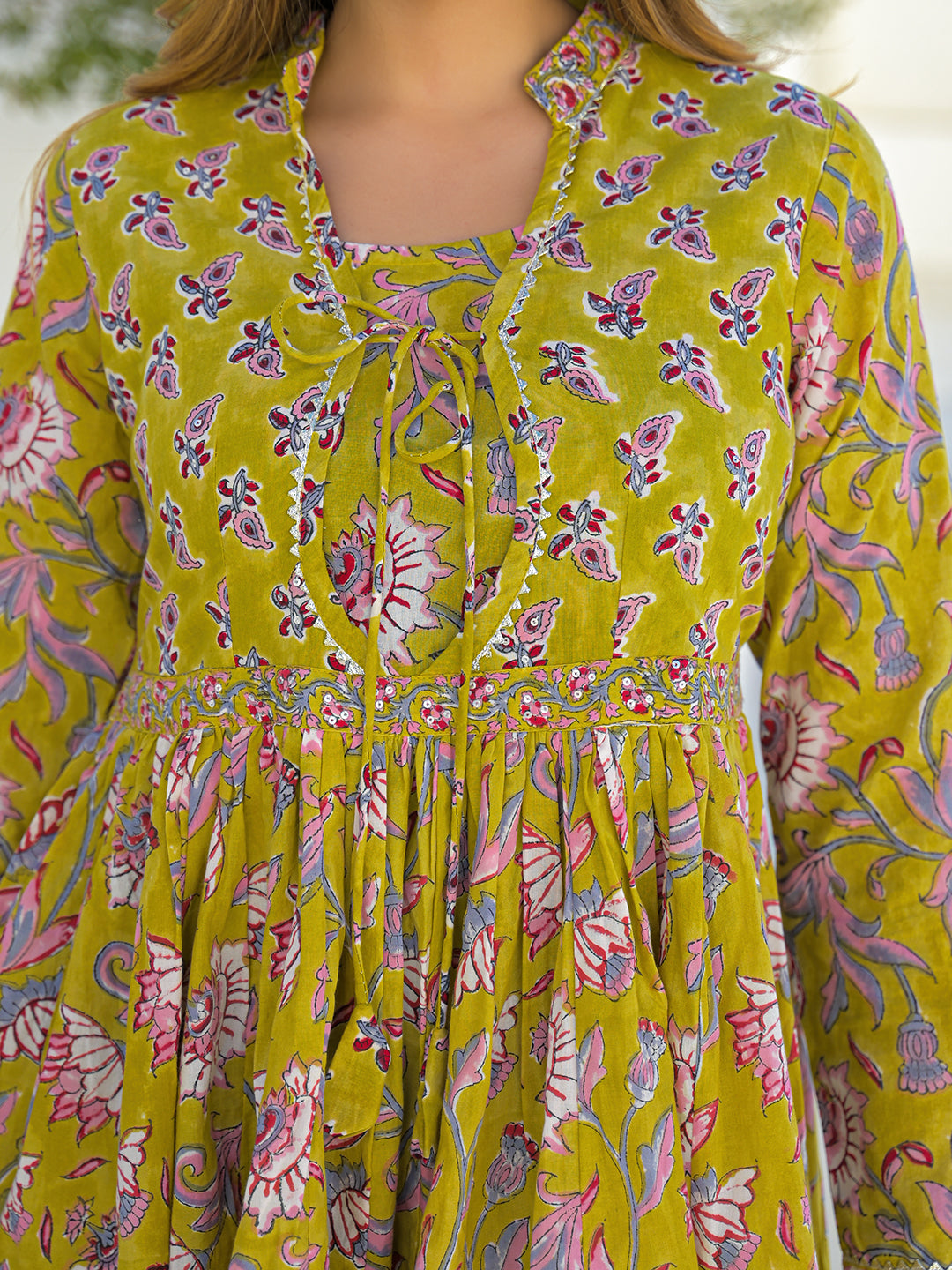 Divena Mustard Hand Block Cotton Anarkali Kurta Pant Set With Dupatta