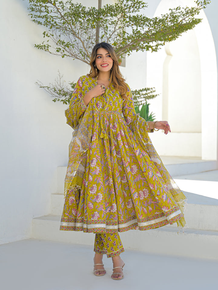 Divena Mustard Hand Block Cotton Anarkali Kurta Pant Set With Dupatta