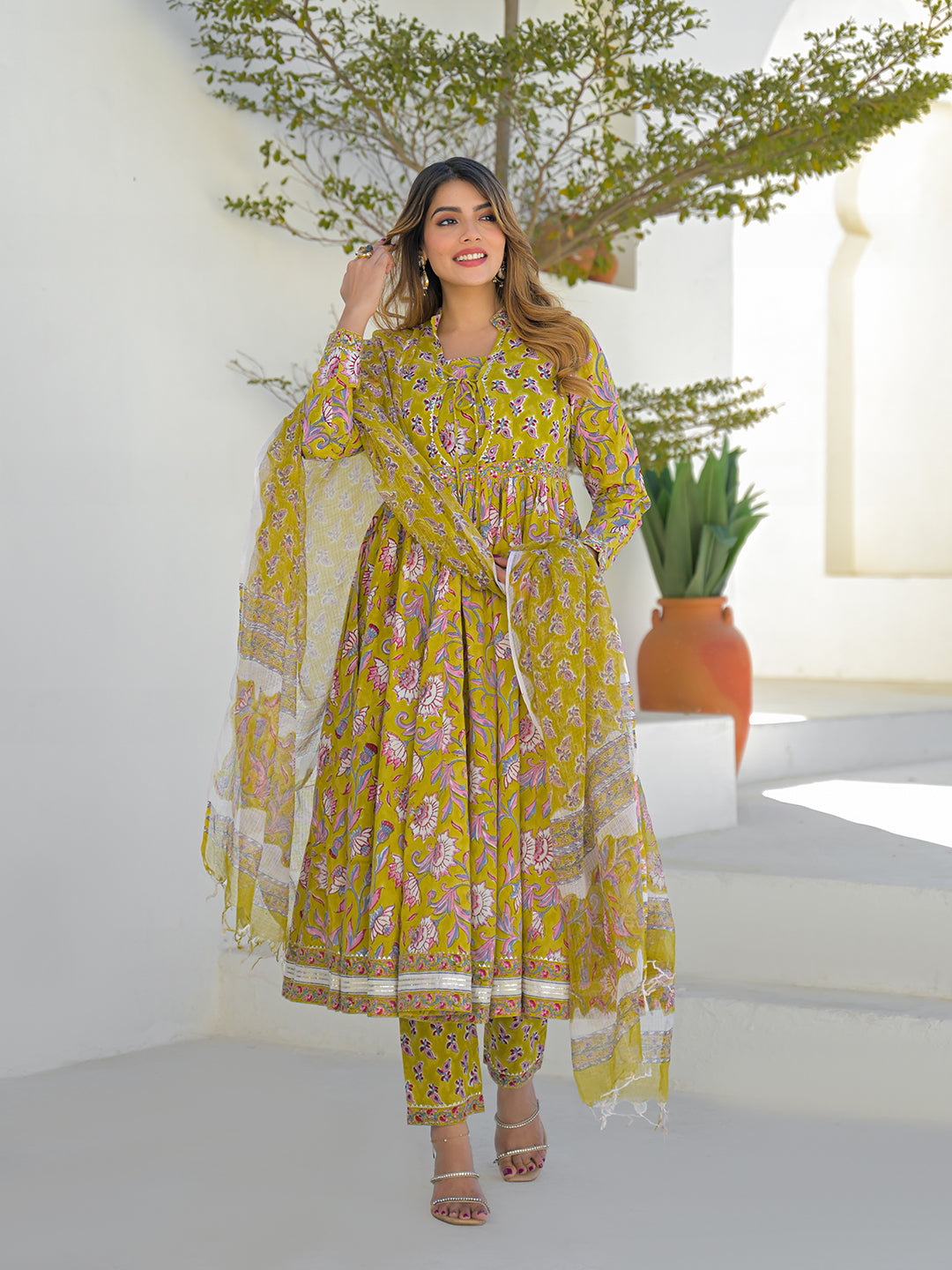 Divena Mustard Hand Block Cotton Anarkali Kurta Pant Set With Dupatta