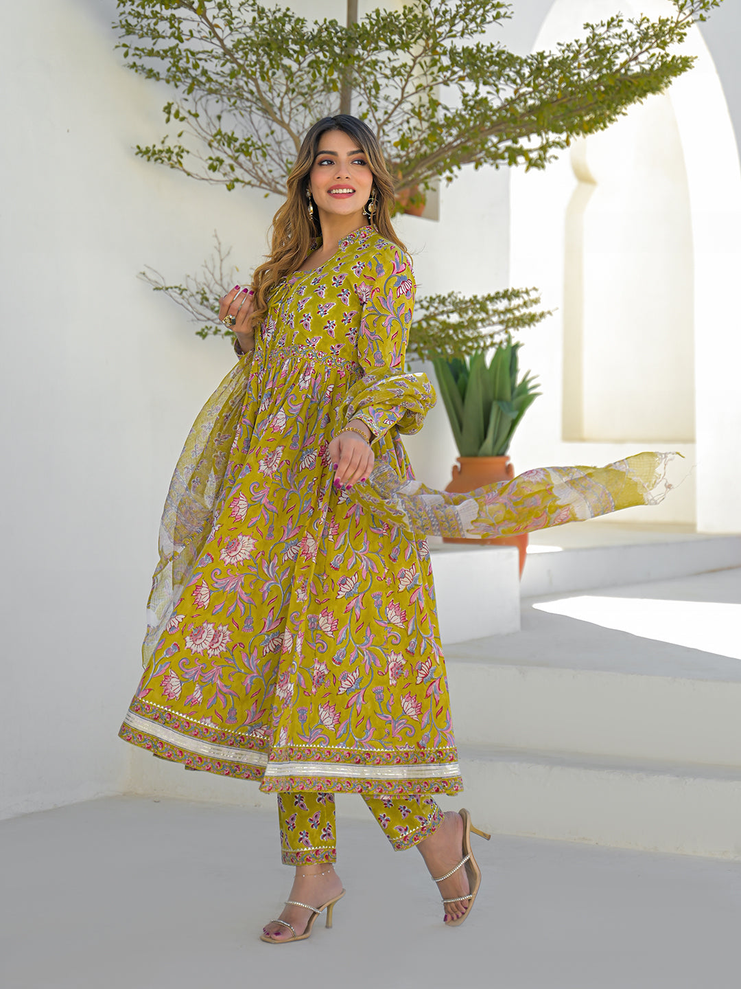 Divena Mustard Hand Block Cotton Anarkali Kurta Pant Set With Dupatta