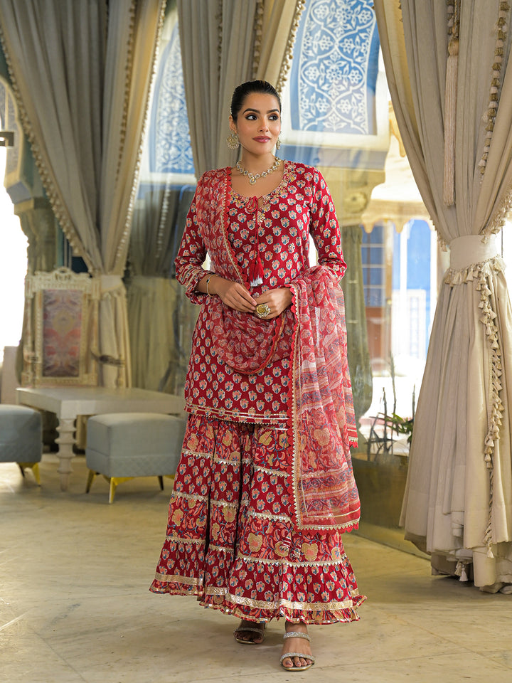 Divena Red Handblock Cotton Straight Kurta Pant With Dupatta