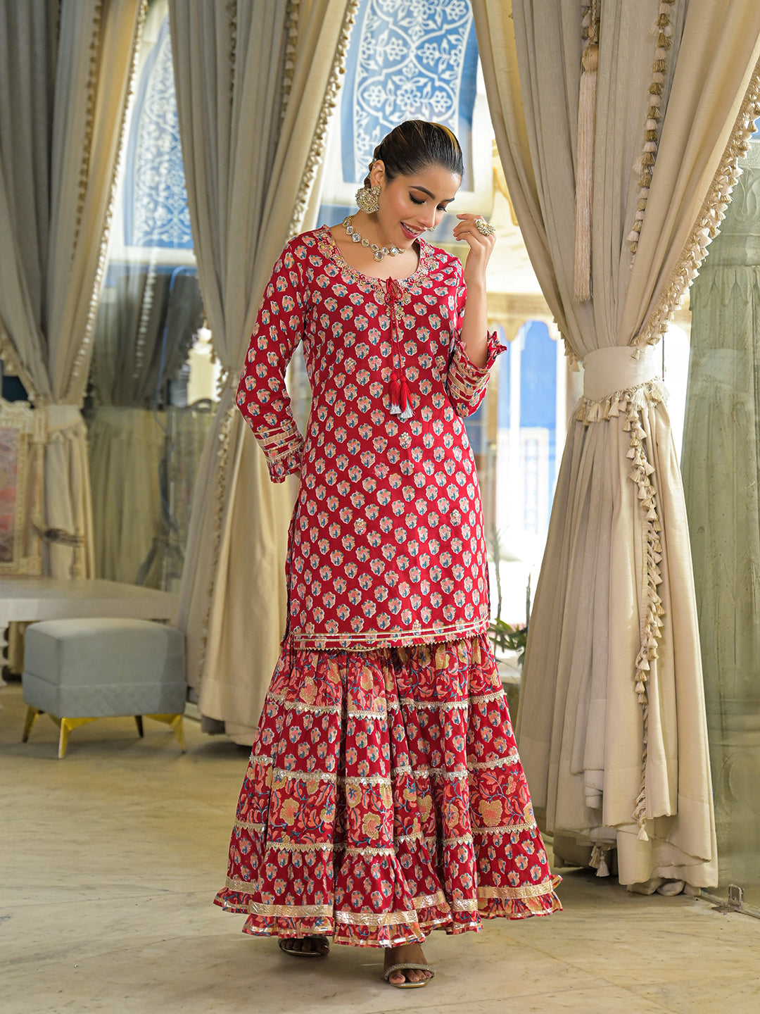 Divena Red Handblock Cotton Straight Kurta Pant With Dupatta