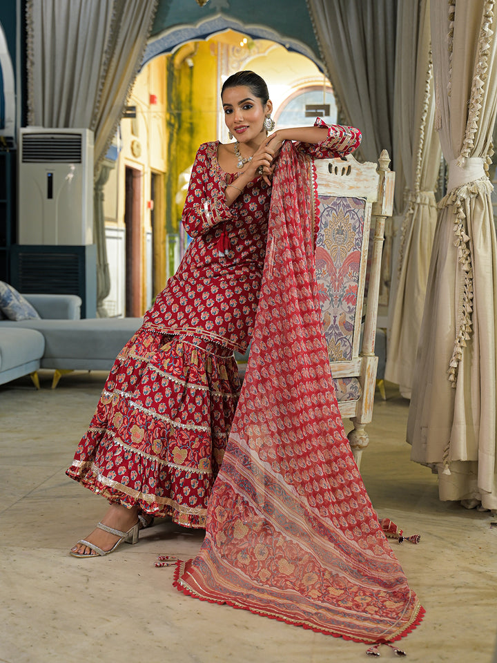 Divena Red Handblock Cotton Straight Kurta Pant With Dupatta