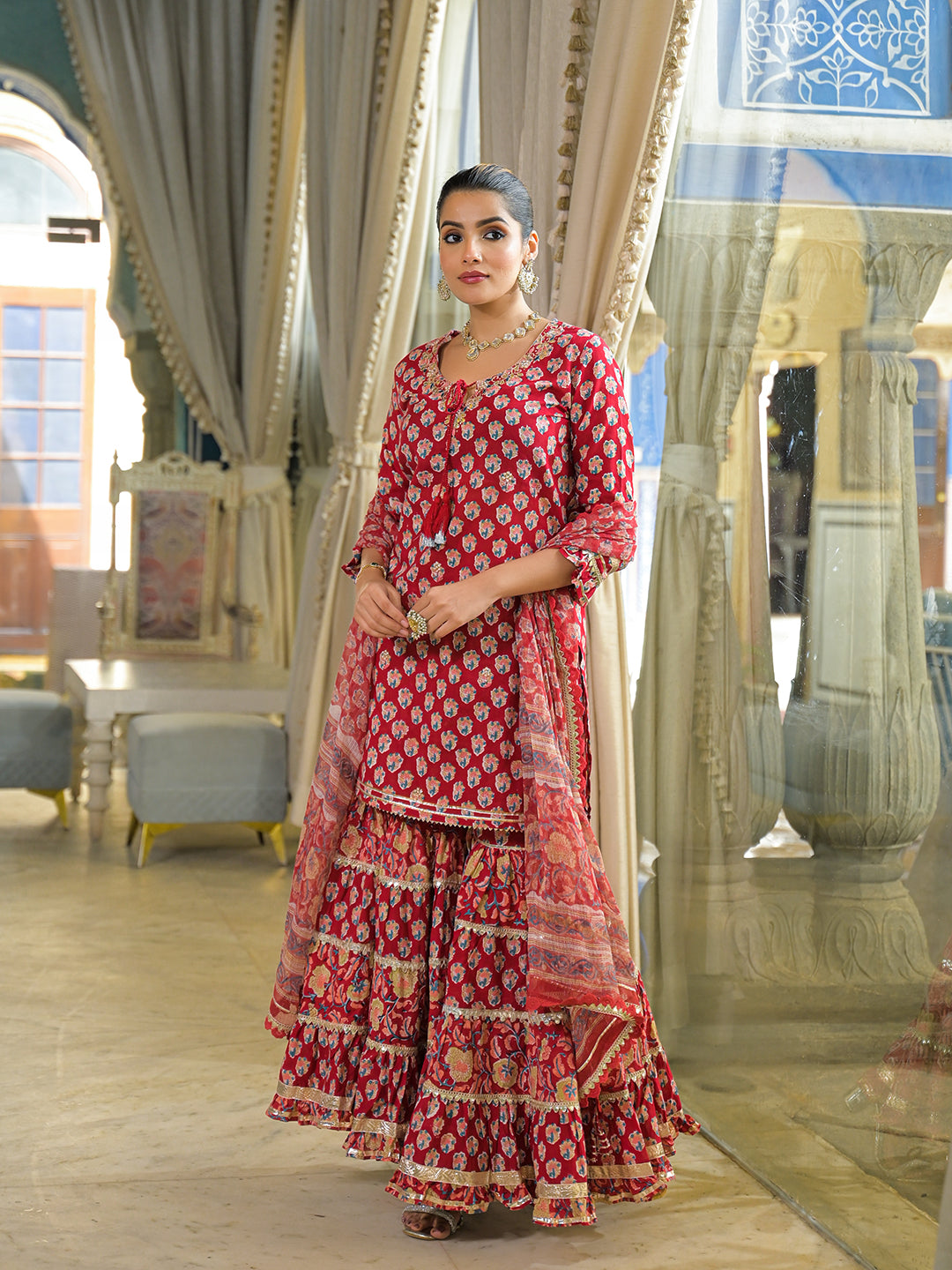Divena Red Handblock Cotton Straight Kurta Pant With Dupatta
