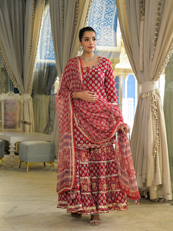 Divena Red Handblock Cotton Straight Kurta Pant With Dupatta