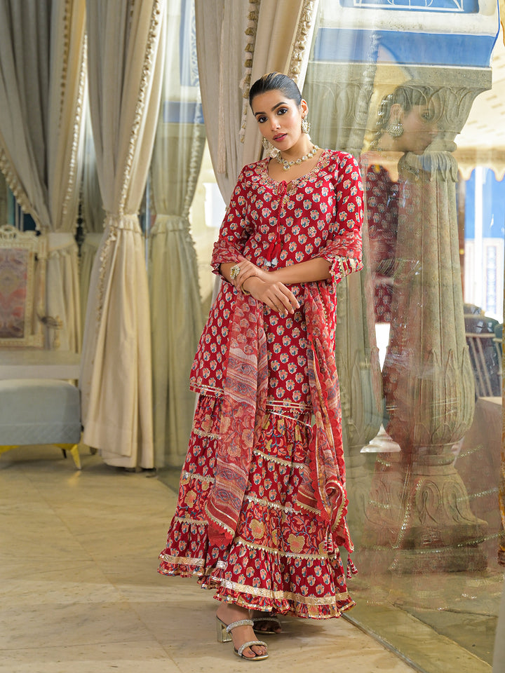 Divena Red Handblock Cotton Straight Kurta Pant With Dupatta