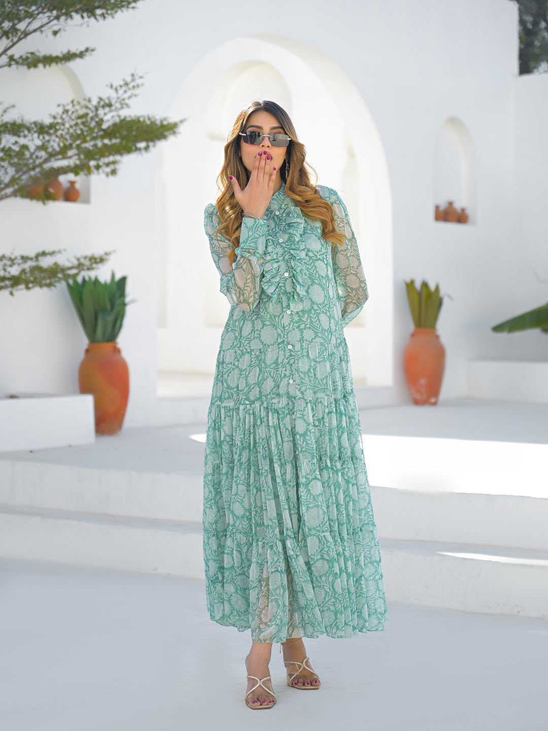 Divena Green Georgette Long Sleeve Maxi Dress