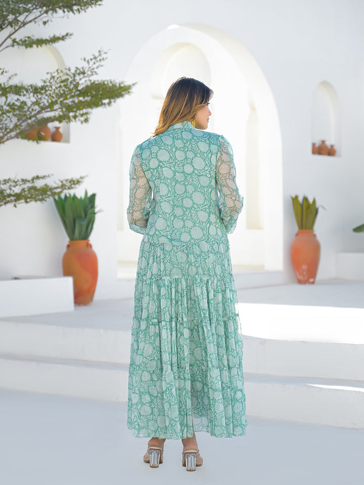 Divena Green Georgette Long Sleeve Maxi Dress