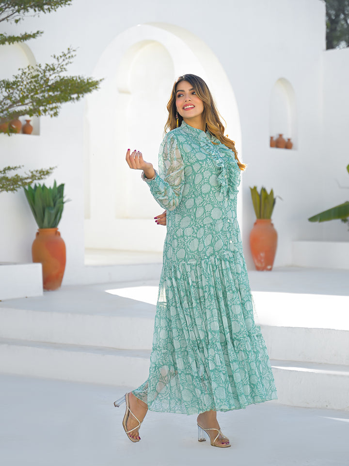 Divena Green Georgette Long Sleeve Maxi Dress