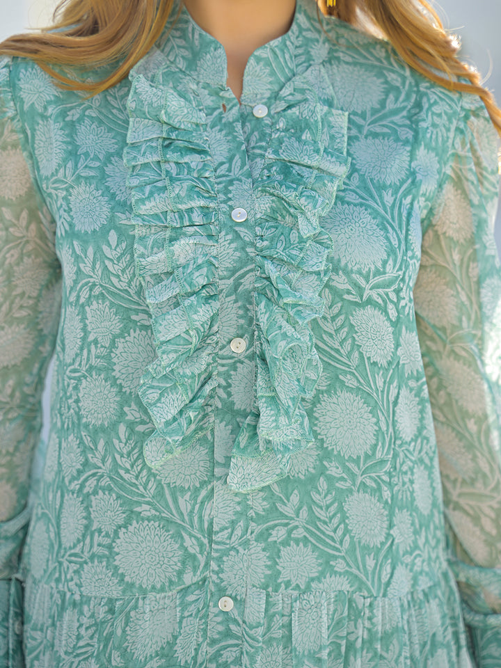 Divena Green Georgette Long Sleeve Maxi Dress