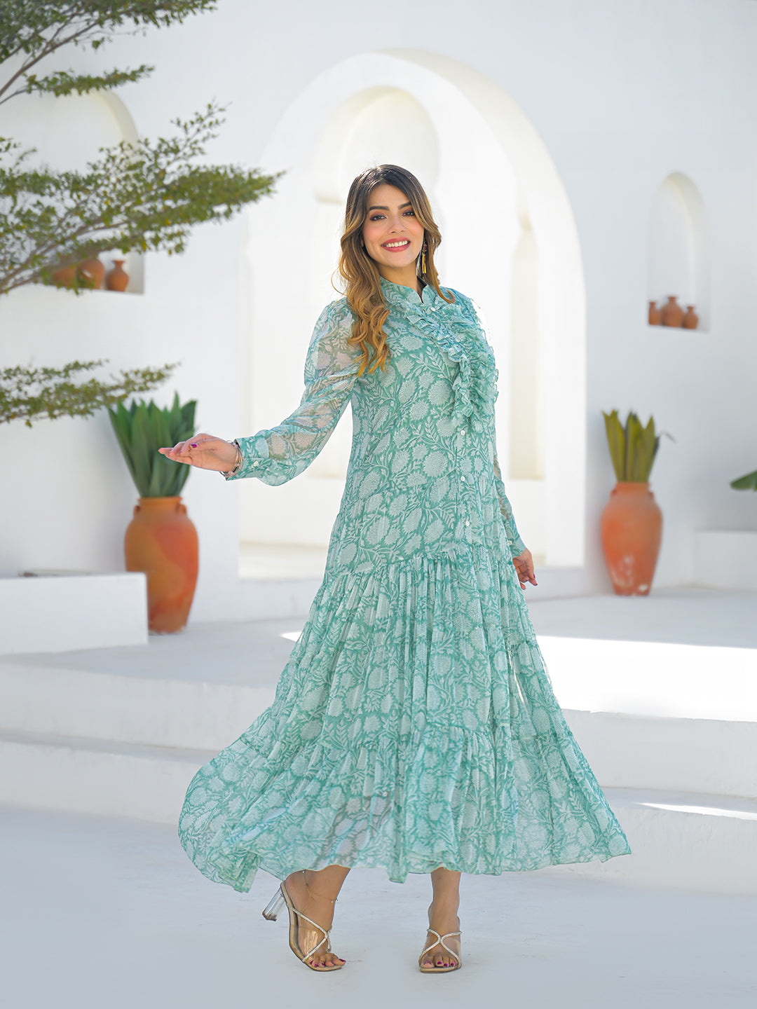 Divena Green Georgette Long Sleeve Maxi Dress