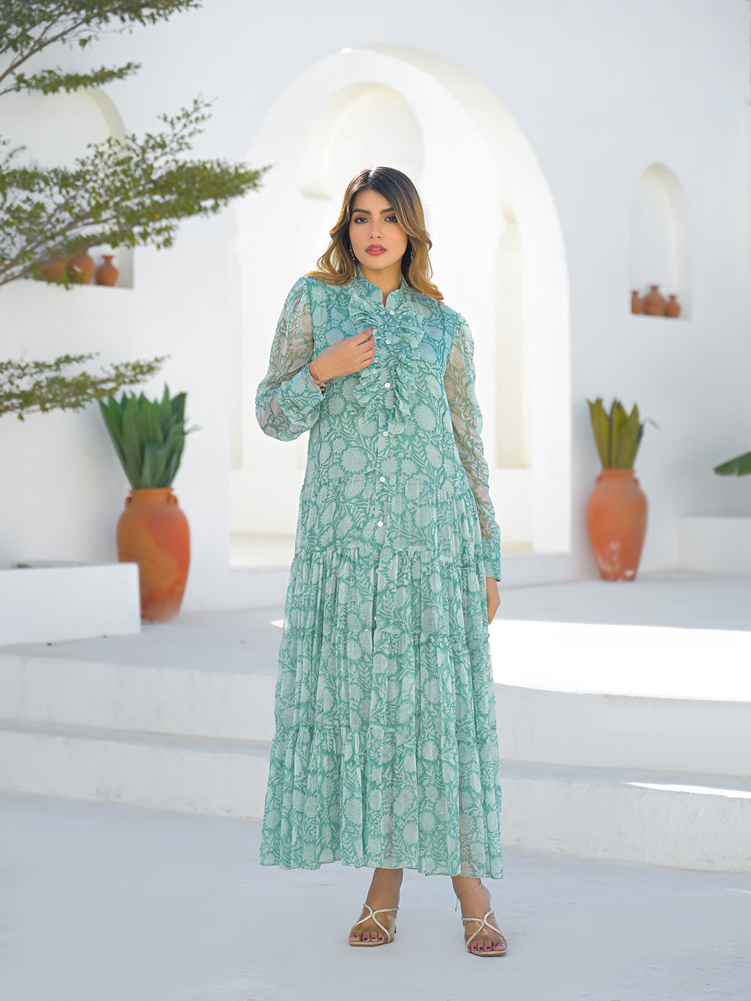 Divena Green Georgette Long Sleeve Maxi Dress