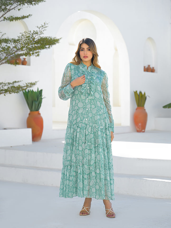 Divena Green Georgette Long Sleeve Maxi Dress