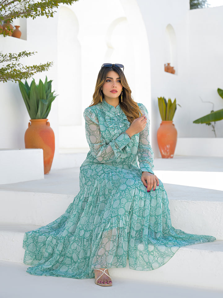 Divena Green Georgette Long Sleeve Maxi Dress