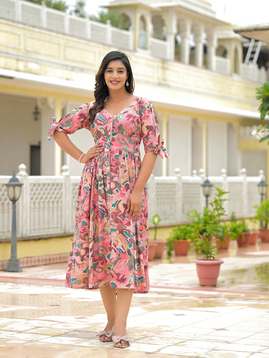Pink Rayon Flare Midi Dress — view 1