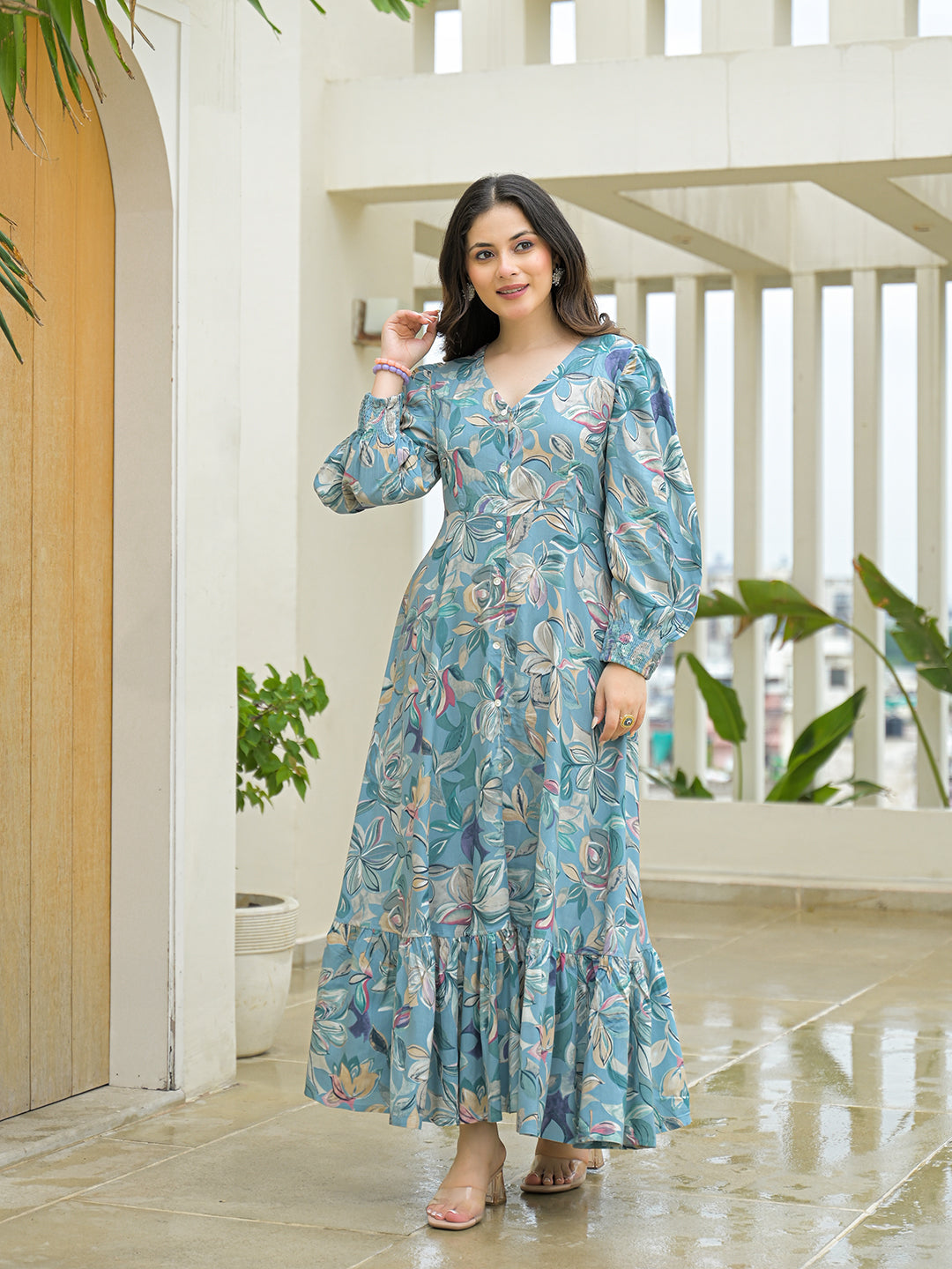 Sky Blue Rayon Flare Dress — view 1