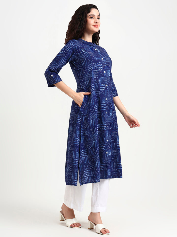 Divena Indigo Blue Geometric Print Rayon Kurta