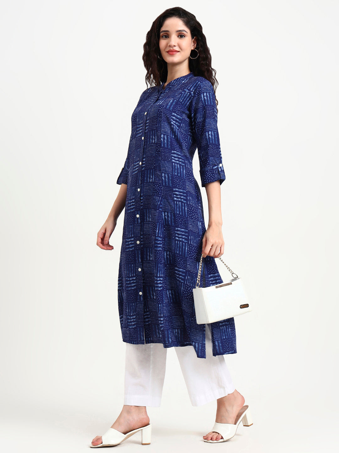 Divena Indigo Blue Geometric Print Rayon Kurta