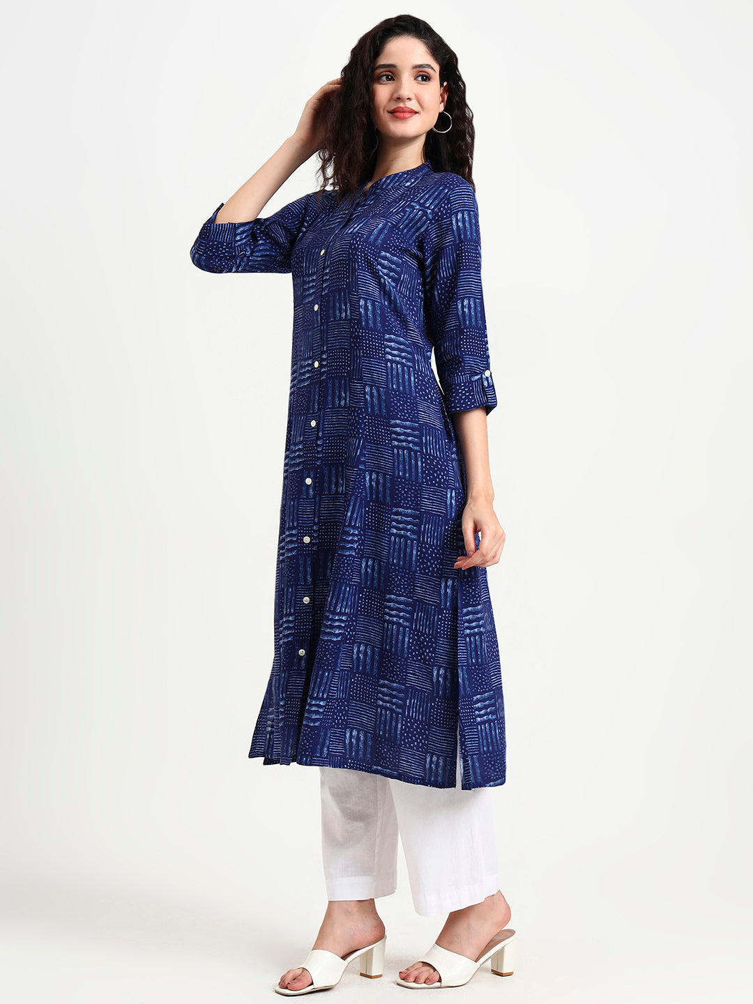 Divena Indigo Blue Geometric Print Rayon Kurta