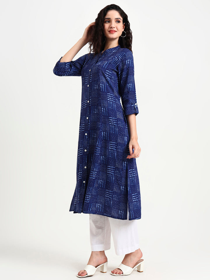 Divena Indigo Blue Geometric Print Rayon Kurta