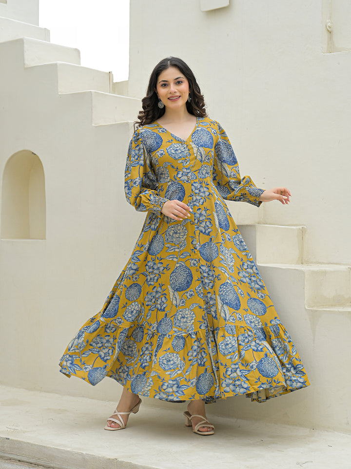 Divena Mustard Rayon Flare Dress