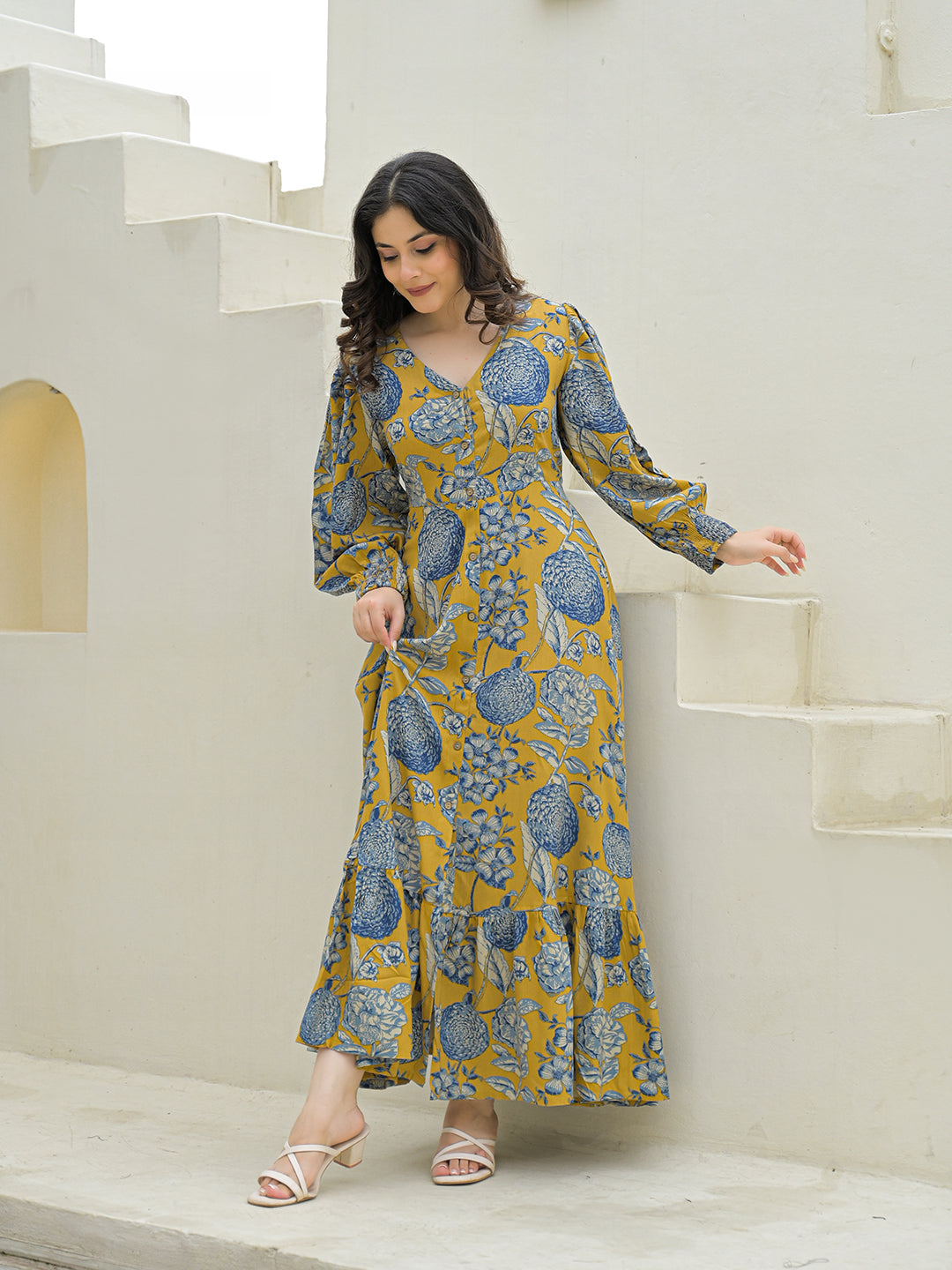 Divena Mustard Rayon Flare Dress