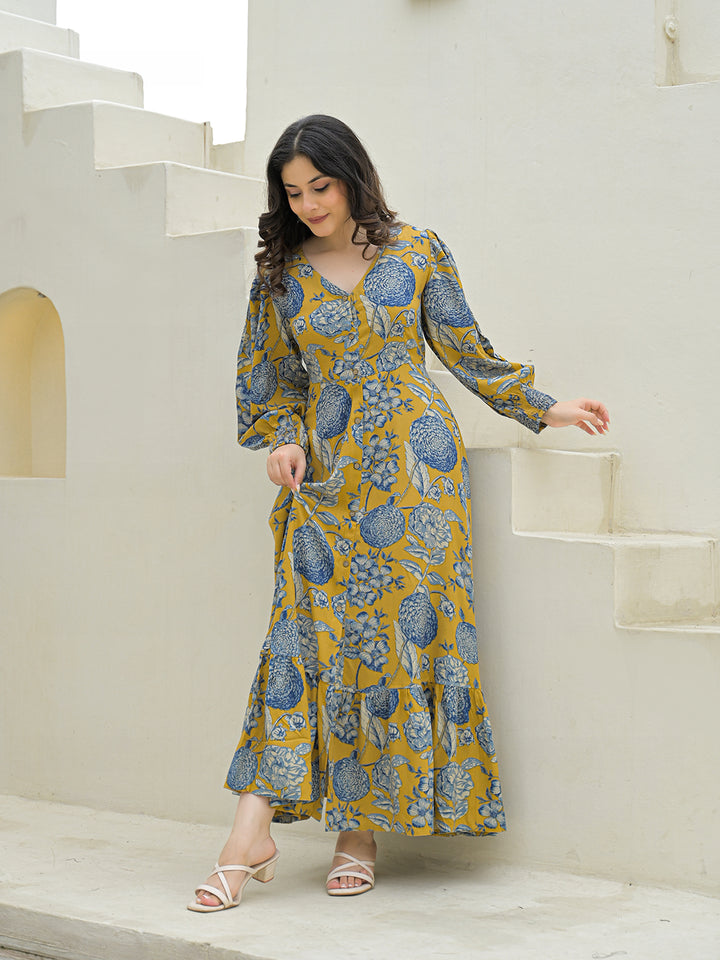 Divena Mustard Rayon Flare Dress