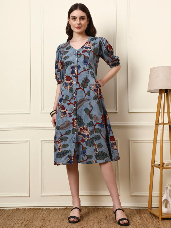 Divena Sky Blue V-Neck Cotton Dress