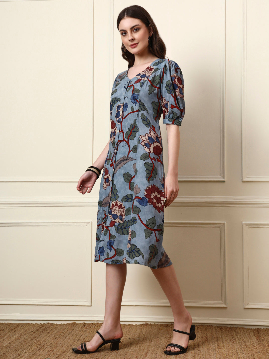 Divena Sky Blue V-Neck Cotton Dress