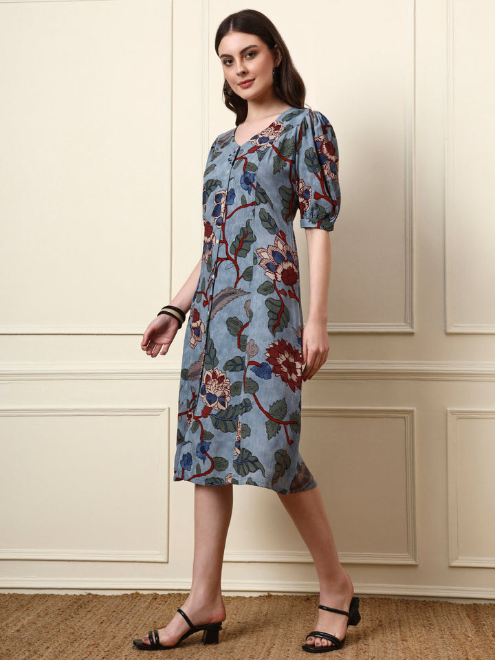 Divena Sky Blue V-Neck Cotton Dress