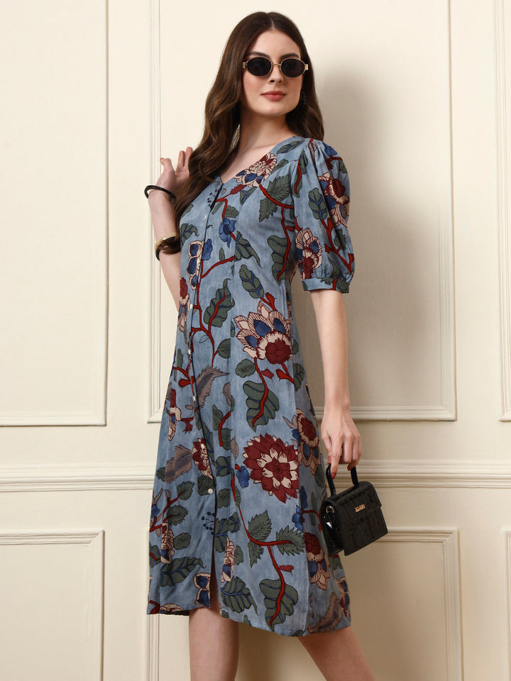 Divena Sky Blue V-Neck Cotton Dress