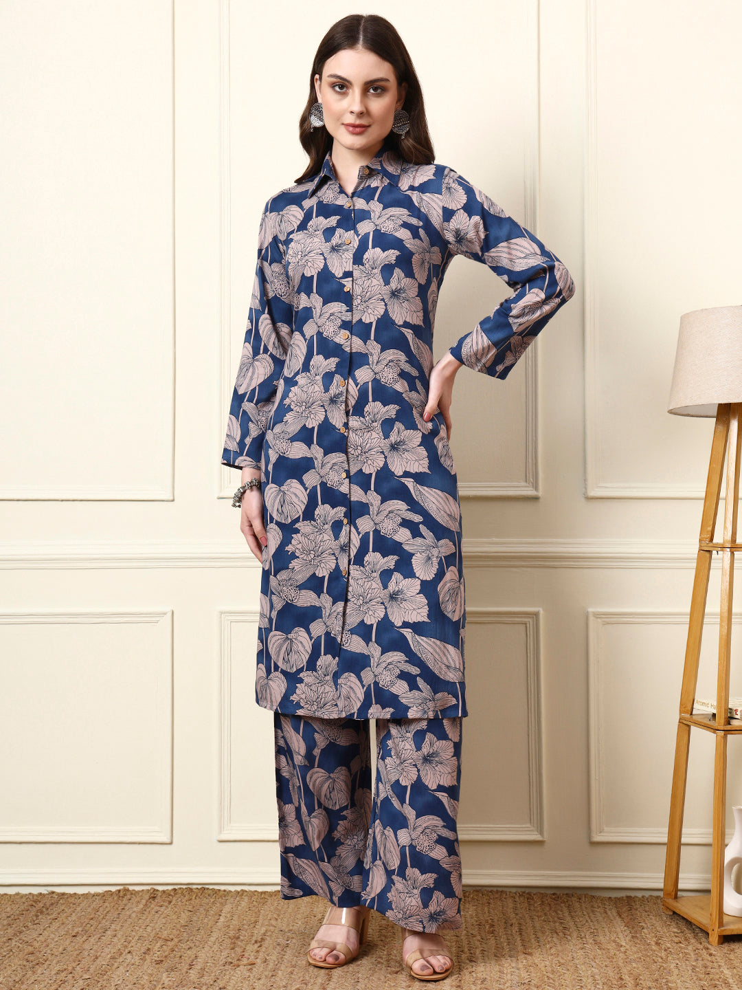 Divena Blue Shirt Coller Full Sleeves Rayon Co-ords Sets