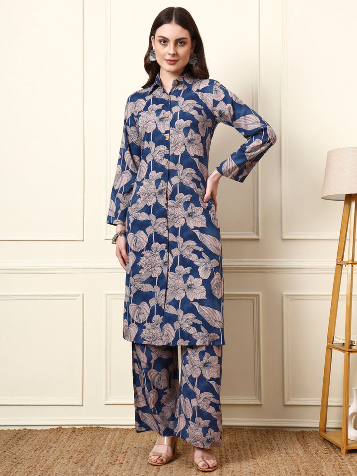 Divena Blue Shirt Coller Full Sleeves Rayon Co-ords Sets