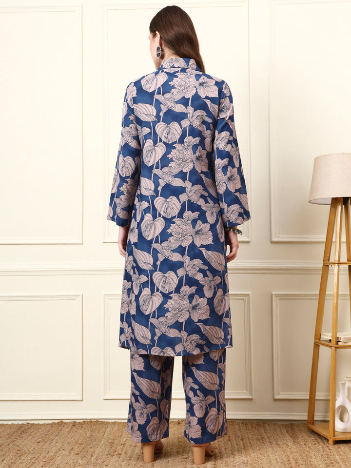 Divena Blue Shirt Coller Full Sleeves Rayon Co-ords Sets