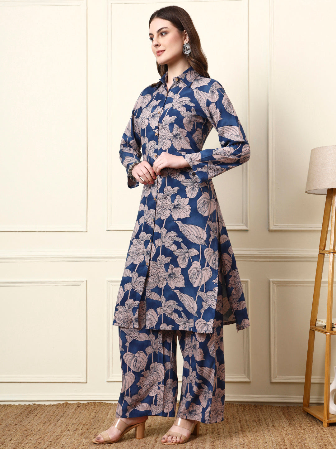 Divena Blue Shirt Coller Full Sleeves Rayon Co-ords Sets