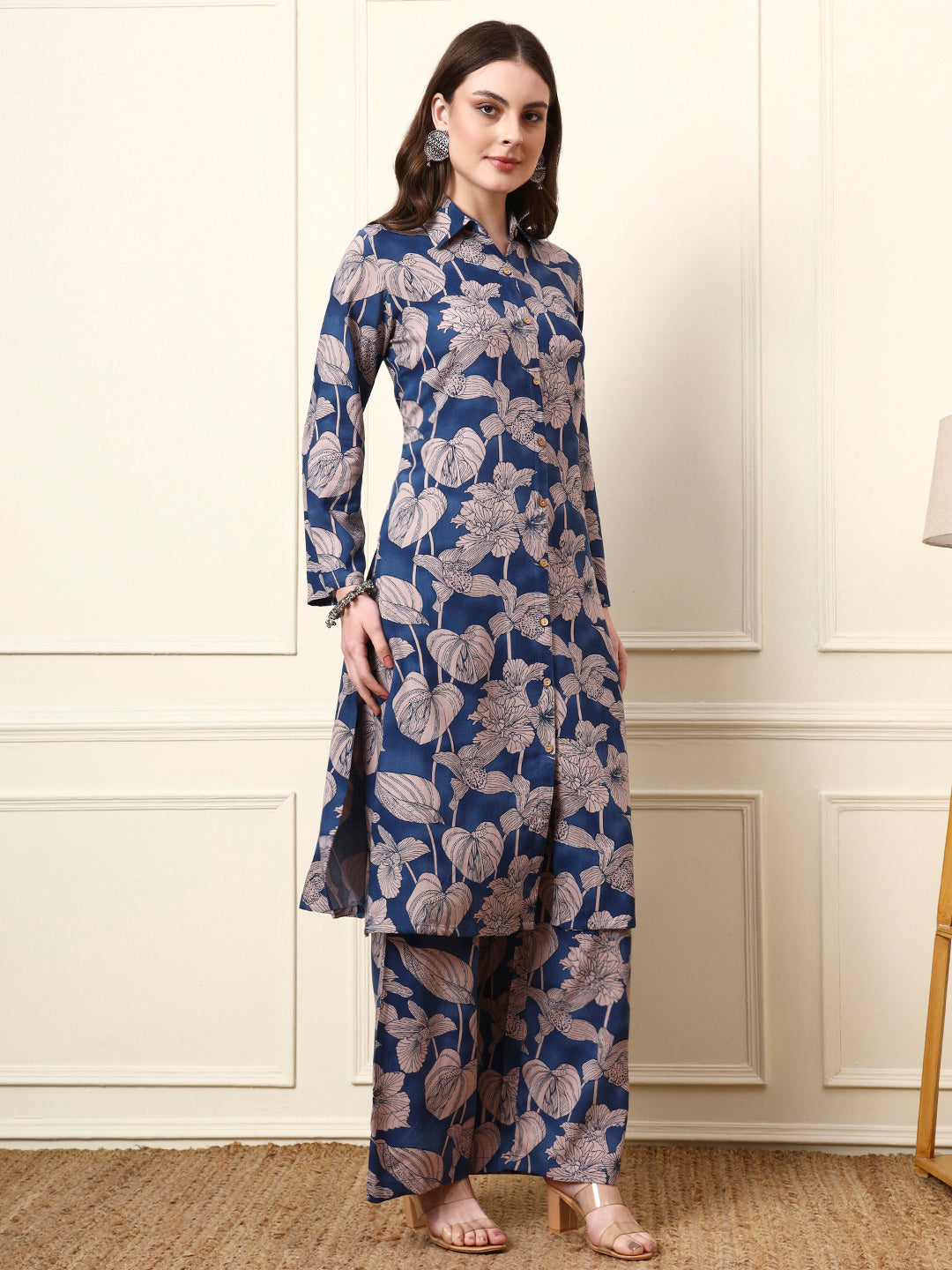 Divena Blue Shirt Coller Full Sleeves Rayon Co-ords Sets