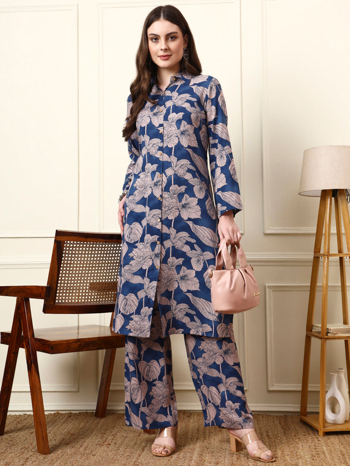 Divena Blue Shirt Coller Full Sleeves Rayon Co-ords Sets