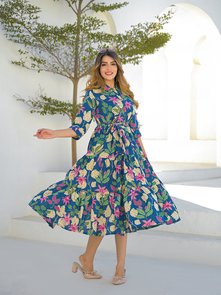 Divena Blue Cotton Shirt Coller Midi Dress