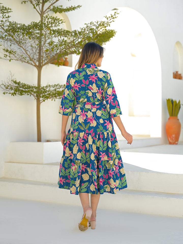 Divena Blue Cotton Shirt Coller Midi Dress