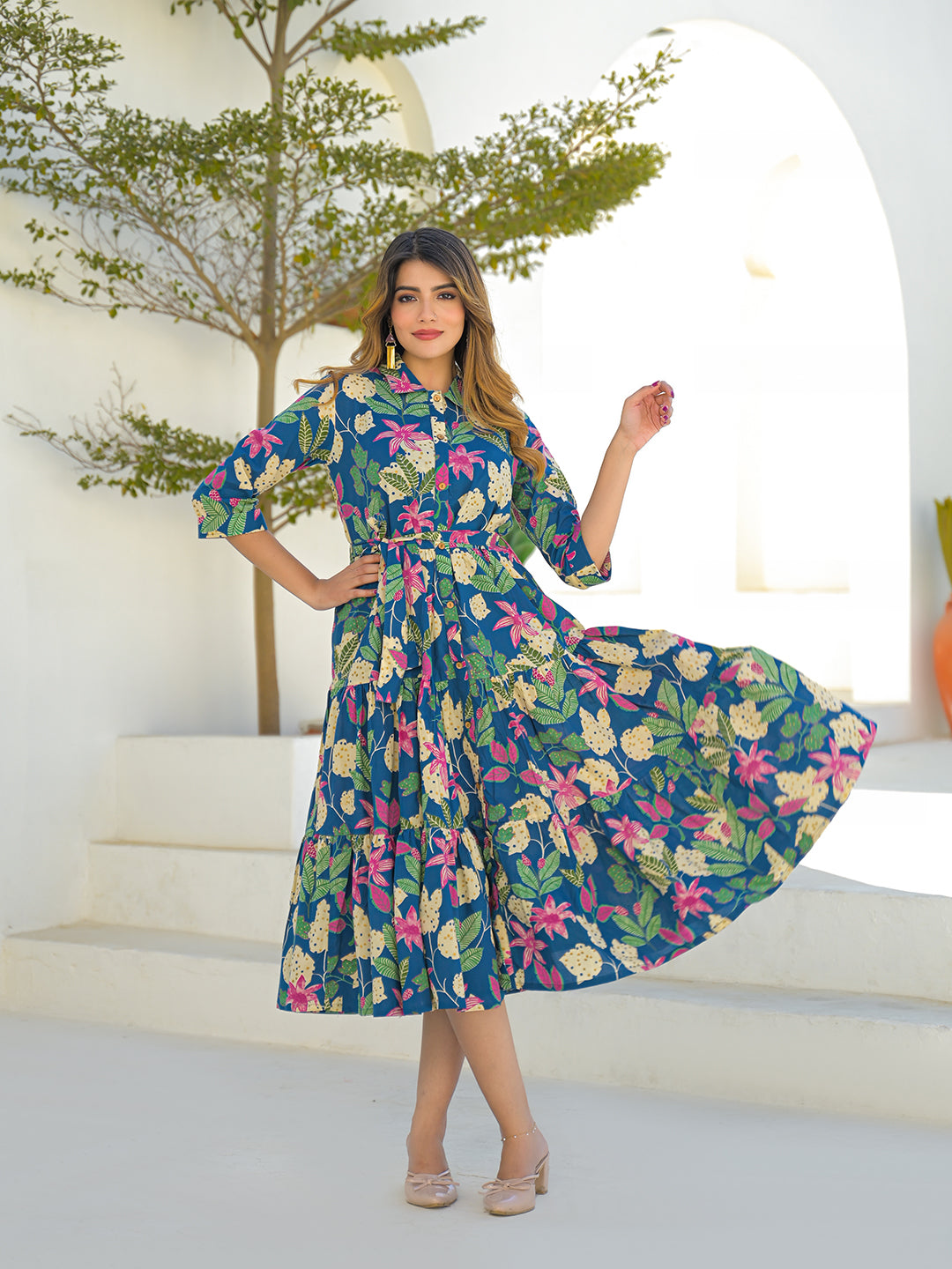 Divena Blue Cotton Shirt Coller Midi Dress